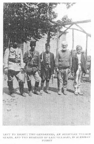 Left to right: Two Gendarmes, an Armenian village guard and two headmen of Lazz villages, in Alemdar Forest