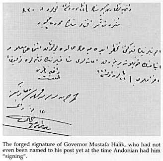 Aram Andonian forged signature of Gov. Mustafa Halik